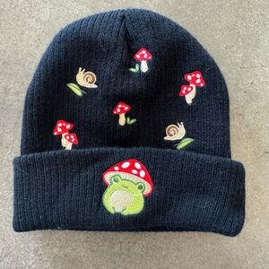 Kids Black Beanie with Frog and Mushroom Design
